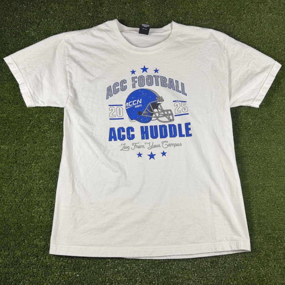 Hanes Beefy-T ACC Football Huddle Graphic T-Shirt Mens Large White ACCN ESPN